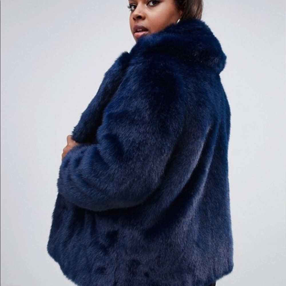 Navy Faux Fur Coat with Collar - Picture 3 of 4